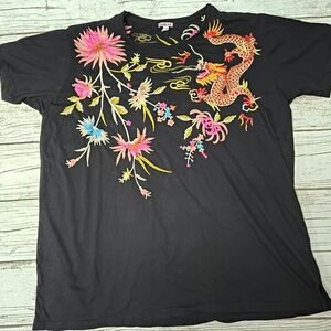 Johnny Was Black Embroidered Dragon T Shirt Women Size Large